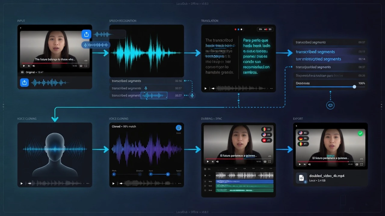Local YouTube dubbing workflow with transcription translation voice cloning and export